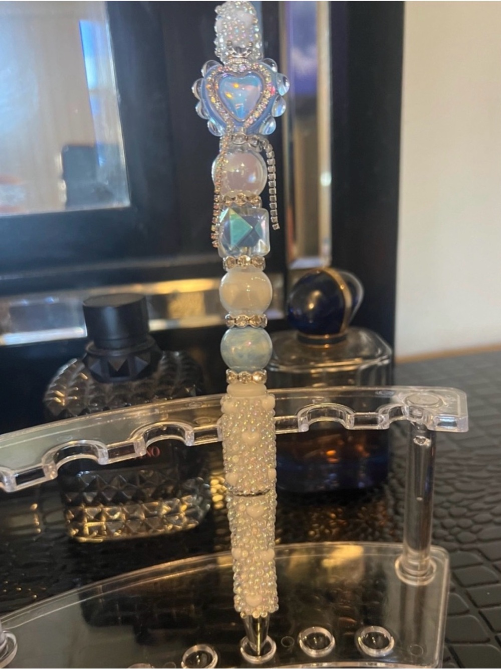 Iridescent Beaded Pen with Heart Accent